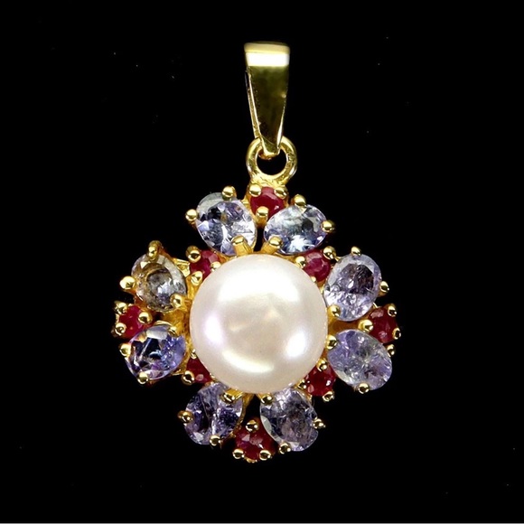 14k Yellow Gold Freshwater Pearl, Natural Ruby with Tanzanite Pendant 18” chain - Picture 1 of 8